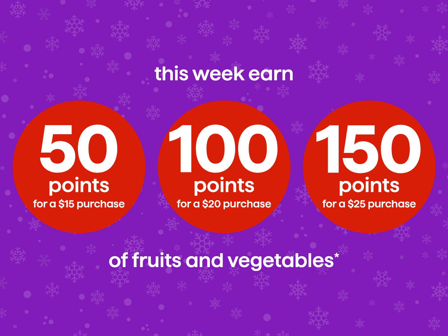 This week earn 50 points for a $15 purchase, 100 points for $20 purchase or 150 points for $25 purchase of fruits and vegetables*.