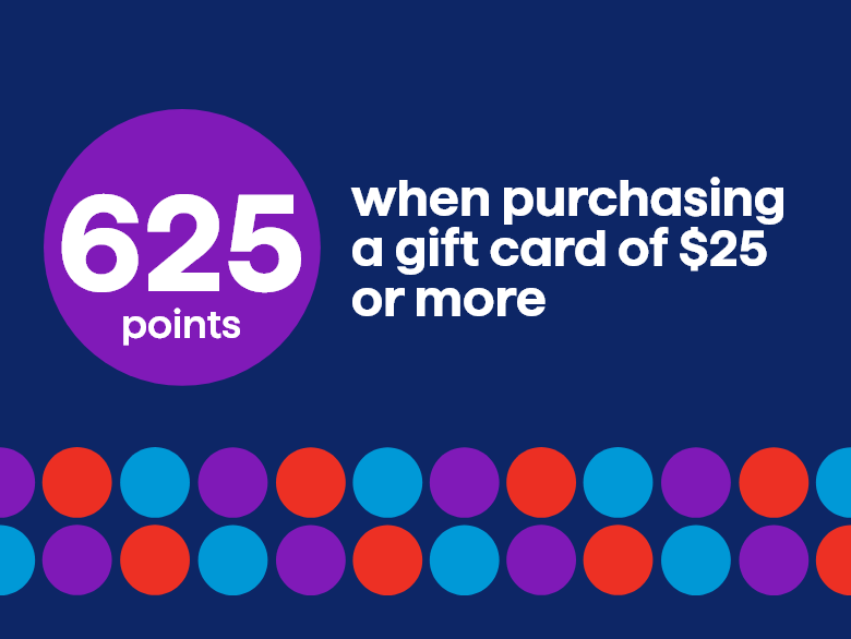 625 points when purchasing a gift card of $25 or more